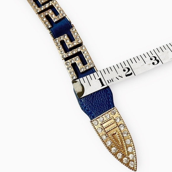 Vintage 80s Rhinestone Greek Key Blue Stretchy Belt - Picture 12 of 12